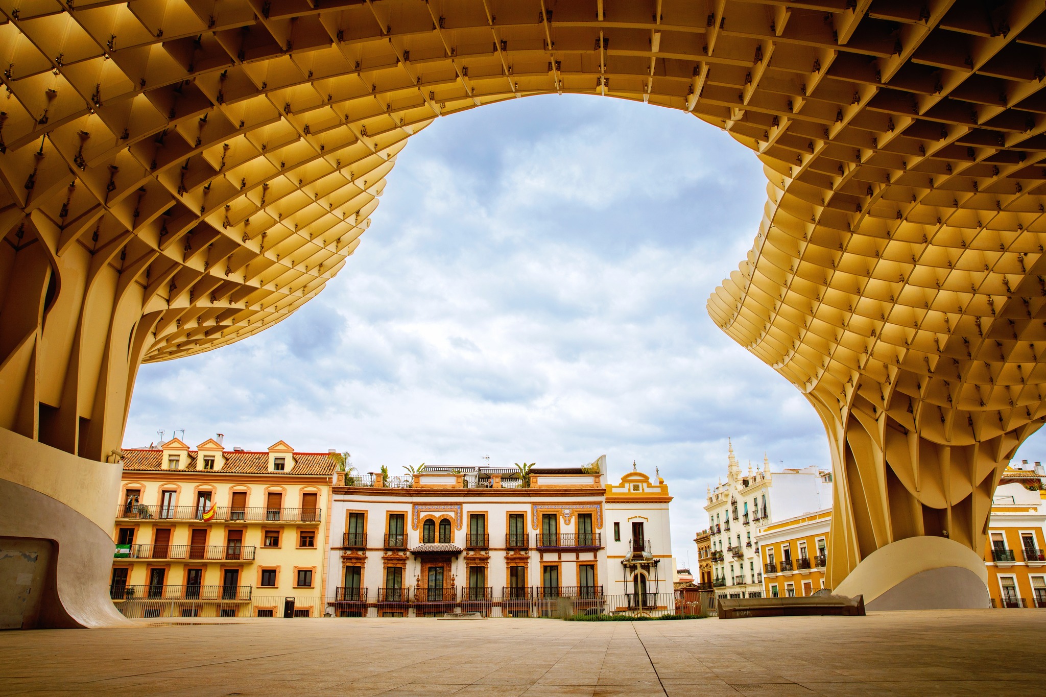 Metropol Parasol wooden structure located in the old quarter of Seville, Spain. Empty place without people.